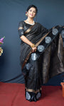 Black Handloom Linen Silk Saree With Silver Zari Weaving