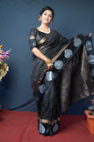 Black Handloom Linen Silk Saree With Silver Zari Weaving