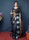 Black Handloom Linen Silk Saree With Silver Zari Weaving