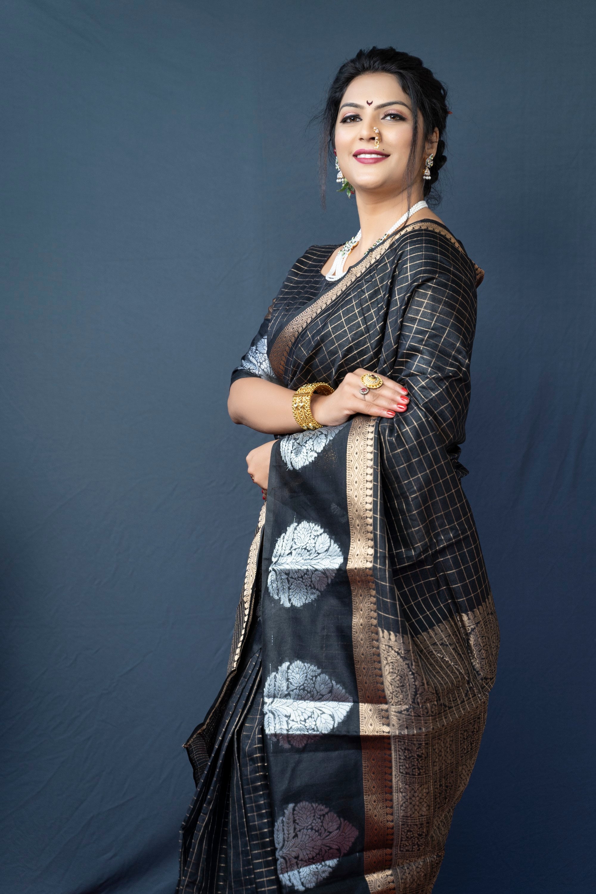 Black Handloom Linen Silk Saree With Silver Zari Weaving