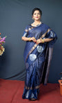 Navy Blue Handloom Linen Weaving Silk Saree With Silver Zari Weaving