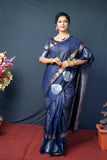 Navy Blue Handloom Linen Weaving Silk Saree With Silver Zari Weaving