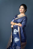 Navy Blue Handloom Linen Weaving Silk Saree With Silver Zari Weaving