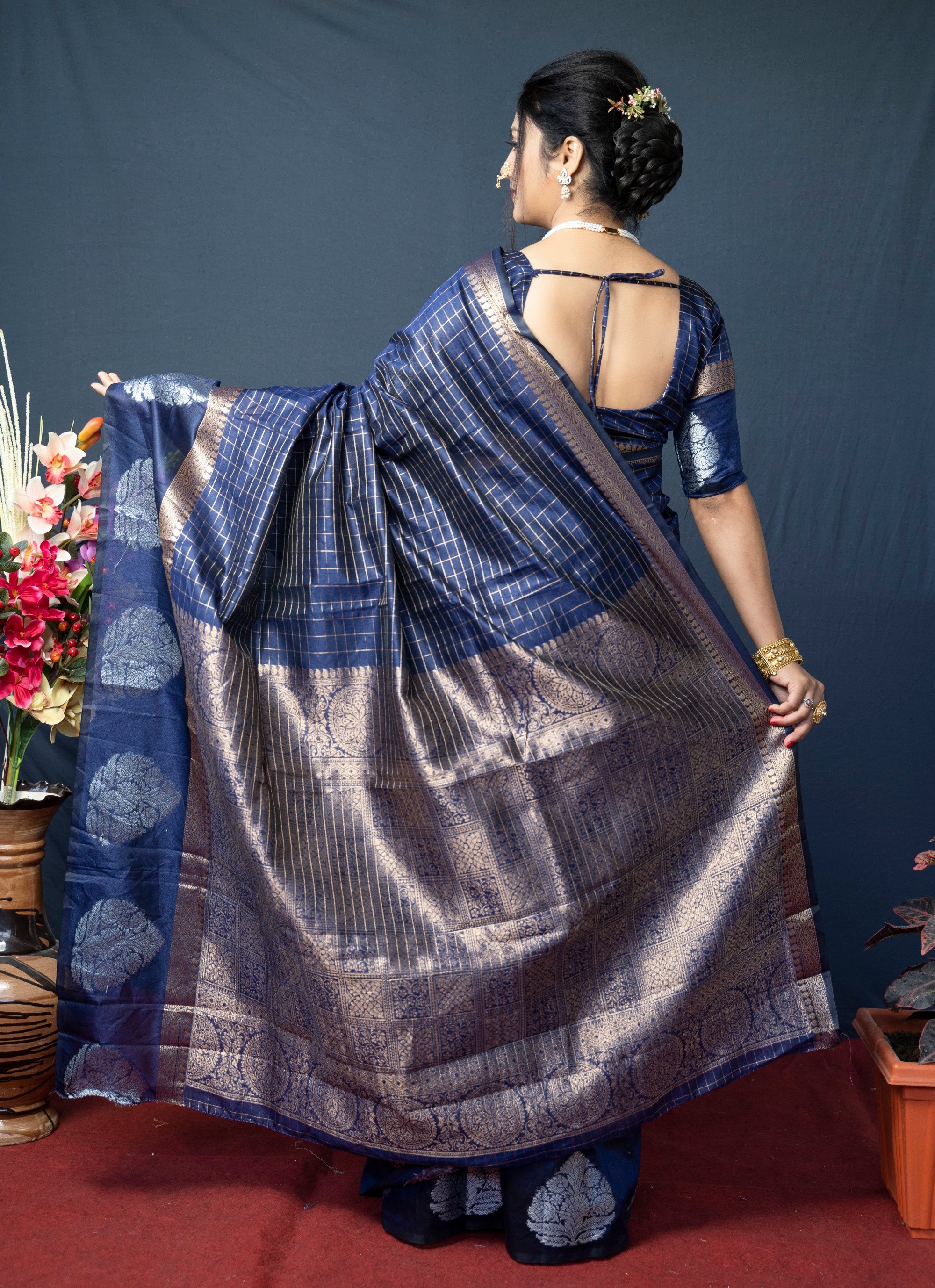 Navy Blue Handloom Linen Weaving Silk Saree With Silver Zari Weaving