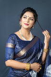 Navy Blue Handloom Linen Weaving Silk Saree With Silver Zari Weaving