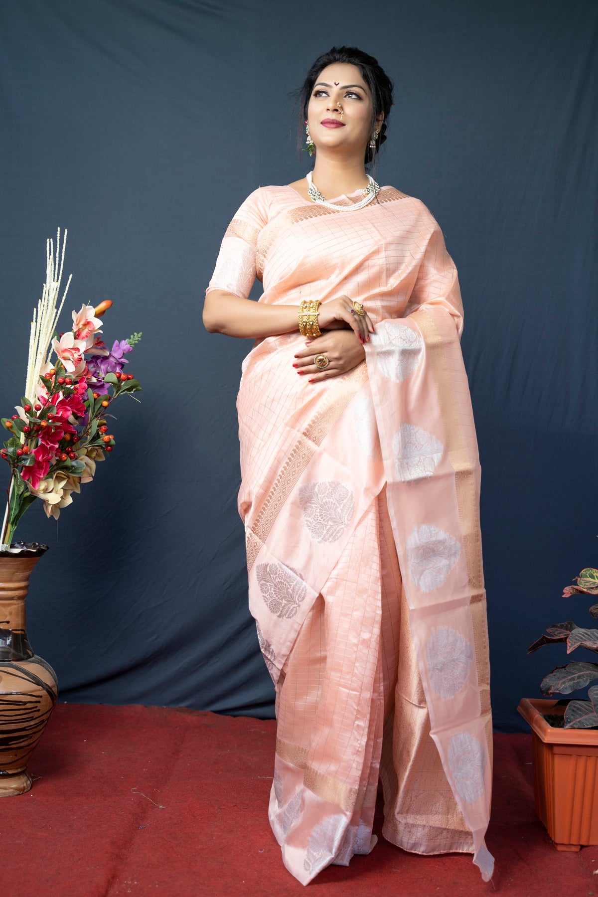 Peach Handloom Linen Silk Saree With Silver Zari Weaving