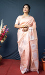 Peach Handloom Linen Silk Saree With Silver Zari Weaving