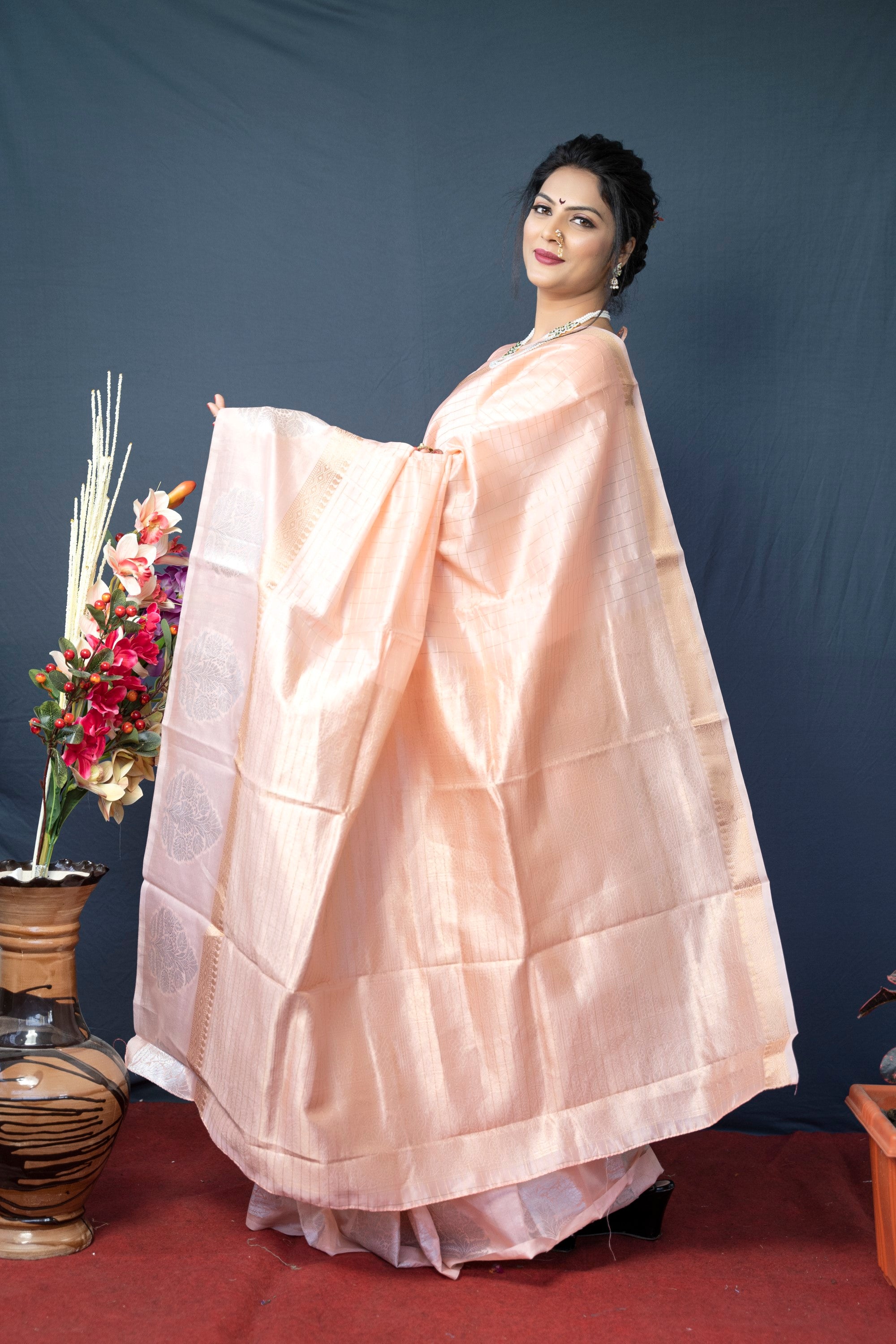 Peach Handloom Linen Silk Saree With Silver Zari Weaving