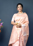 Peach Handloom Linen Silk Saree With Silver Zari Weaving