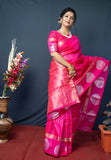 Pink Handloom Linen Silk Saree With Silver Zari Weaving