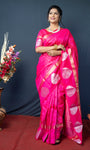 Pink Handloom Linen Silk Saree With Silver Zari Weaving