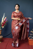 Maroon Handloom Linen Silk Saree With Silver Zari Weaving