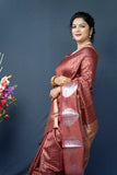 Maroon Handloom Linen Silk Saree With Silver Zari Weaving