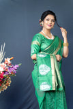 Green Handloom Linen Silk Saree With Silver Zari Weaving