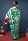 Green Handloom Linen Silk Saree With Silver Zari Weaving