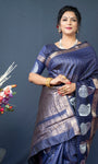 Navy Blue Handloom Linen Silk Saree With Silver Zari Weaving