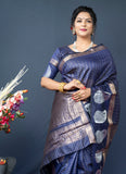 Navy Blue Handloom Linen Silk Saree With Silver Zari Weaving