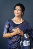 Navy Blue Handloom Linen Silk Saree With Silver Zari Weaving