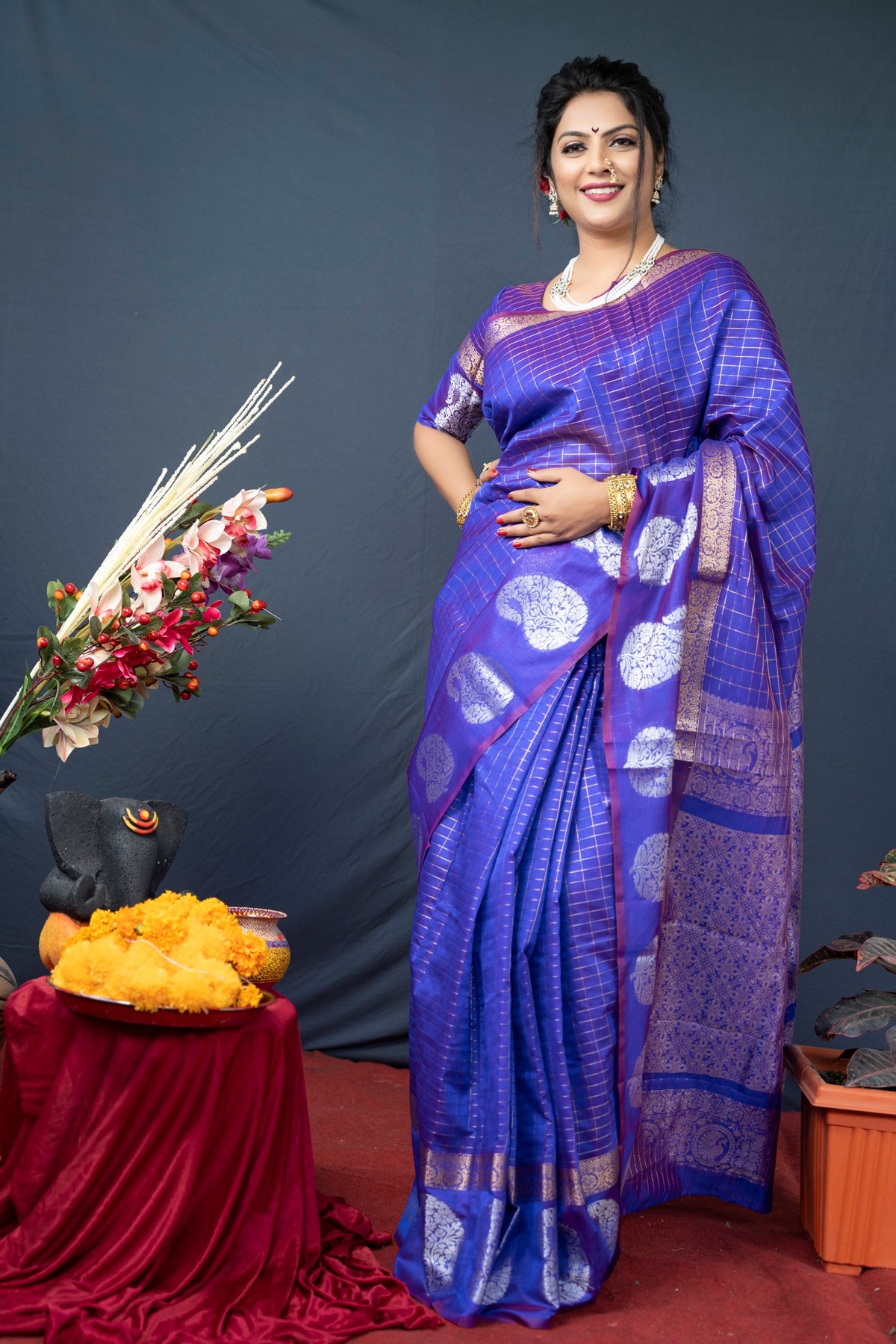 Royal Blue Handloom Linen Silk Saree With Silver Zari Weaving