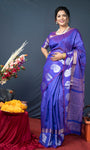 Royal Blue Handloom Linen Silk Saree With Silver Zari Weaving