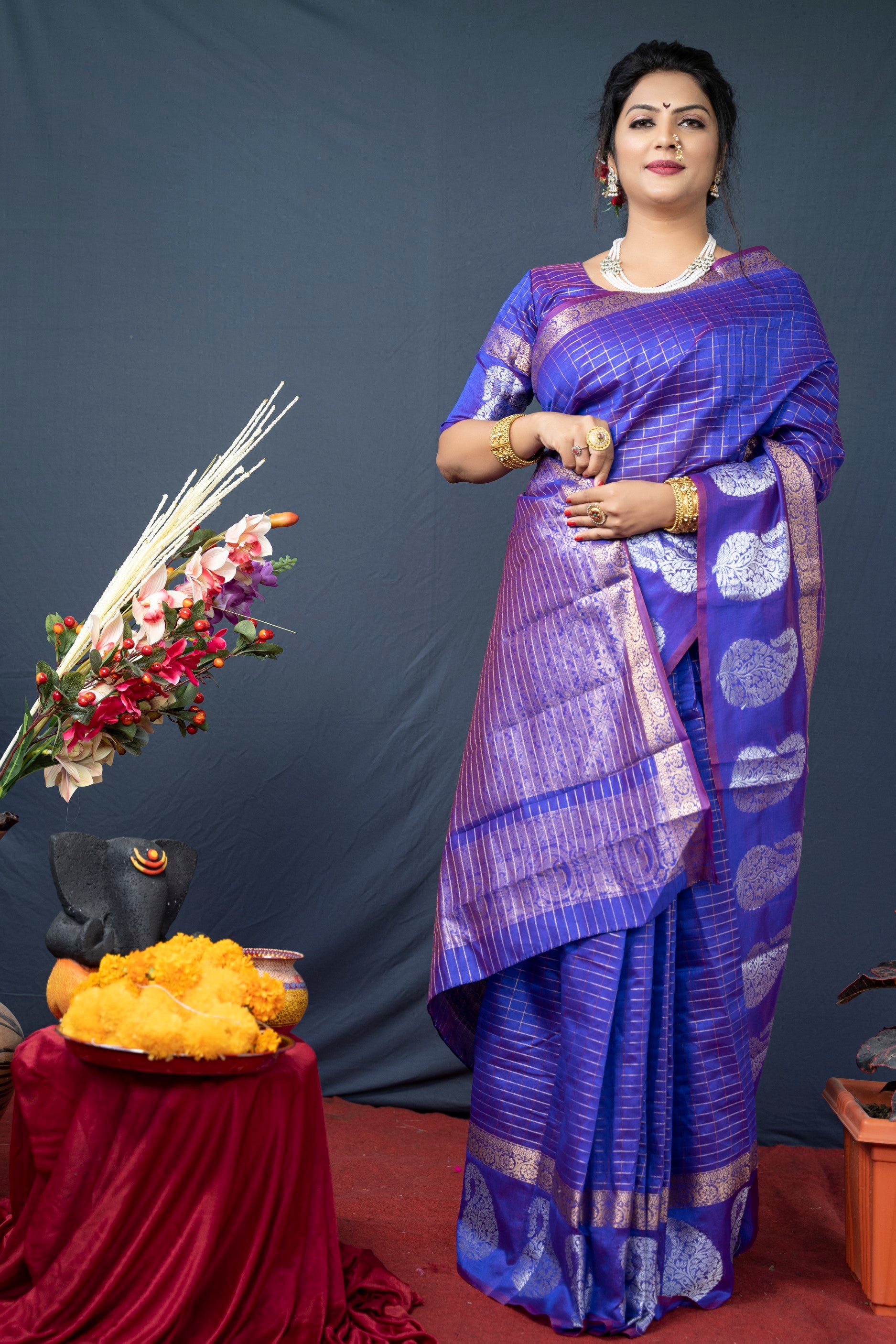 Royal Blue Handloom Linen Silk Saree With Silver Zari Weaving