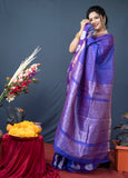 Royal Blue Handloom Linen Silk Saree With Silver Zari Weaving