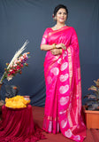 Pink Handloom Linen Silk Saree With Silver Zari Weaving