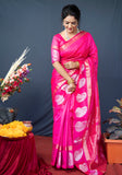 Pink Handloom Linen Silk Saree With Silver Zari Weaving