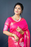 Pink Handloom Linen Silk Saree With Silver Zari Weaving