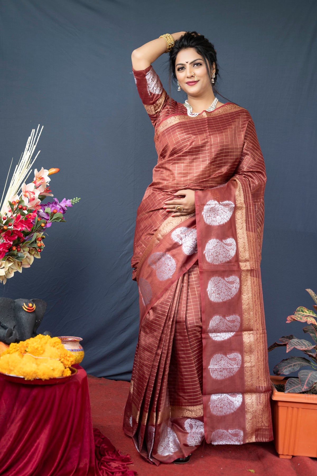 Maroon Handloom Linen Silk Saree With Silver Zari Weaving