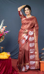 Maroon Handloom Linen Silk Saree With Silver Zari Weaving