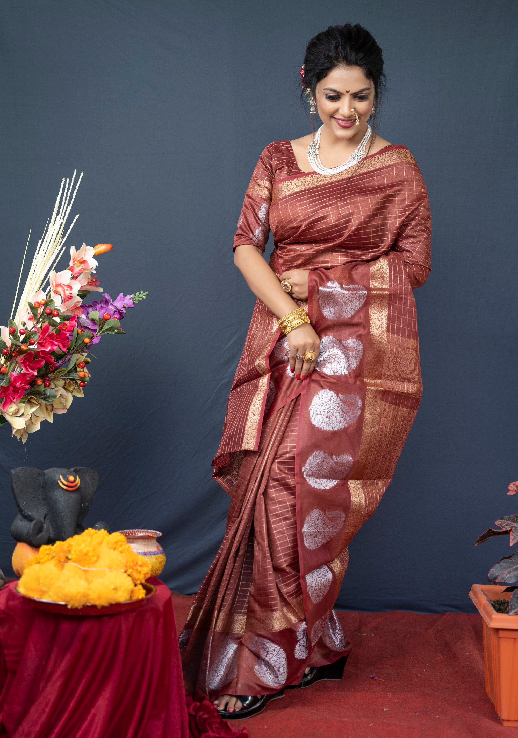 Maroon Handloom Linen Silk Saree With Silver Zari Weaving