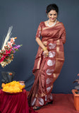 Maroon Handloom Linen Silk Saree With Silver Zari Weaving