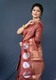 Maroon Handloom Linen Silk Saree With Silver Zari Weaving