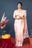 Peach Handloom Linen Silk Saree With Silver Zari Weaving