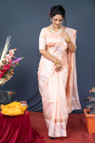 Peach Handloom Linen Silk Saree With Silver Zari Weaving