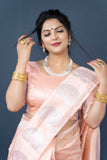 Peach Handloom Linen Silk Saree With Silver Zari Weaving