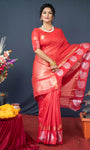 Red Handloom Linen Silk Saree With Silver Zari Weaving