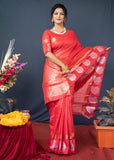 Red Handloom Linen Silk Saree With Silver Zari Weaving