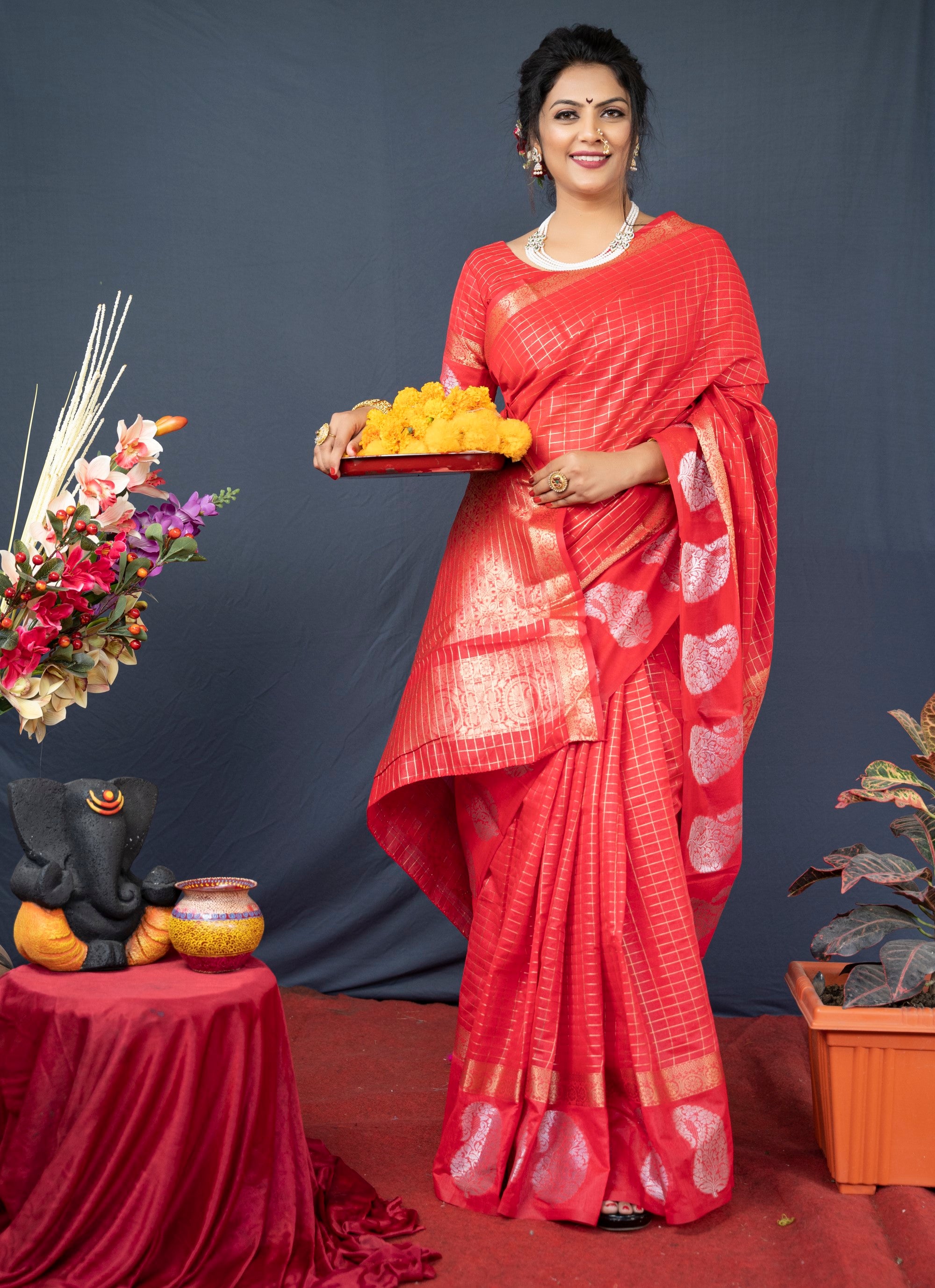 Red Handloom Linen Silk Saree With Silver Zari Weaving