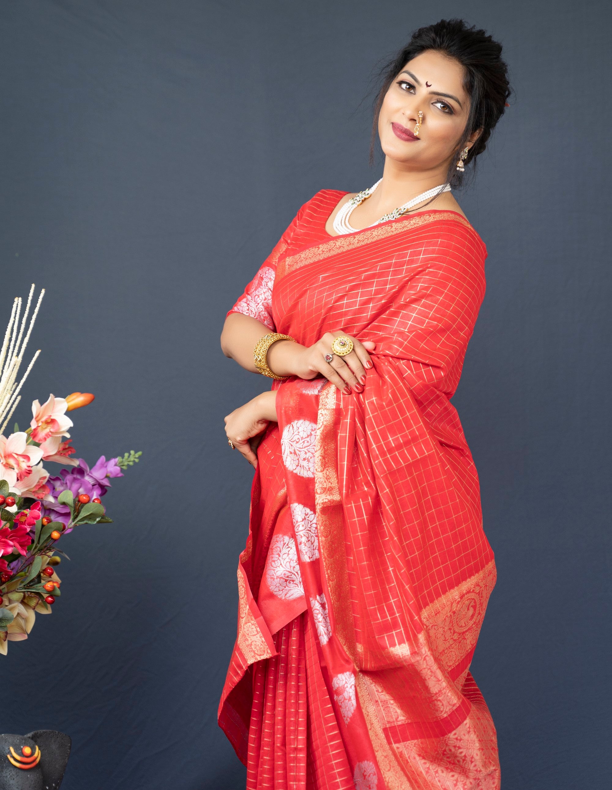 Red Handloom Linen Silk Saree With Silver Zari Weaving