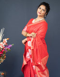 Red Handloom Linen Silk Saree With Silver Zari Weaving