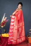 Red Handloom Linen Silk Saree With Silver Zari Weaving