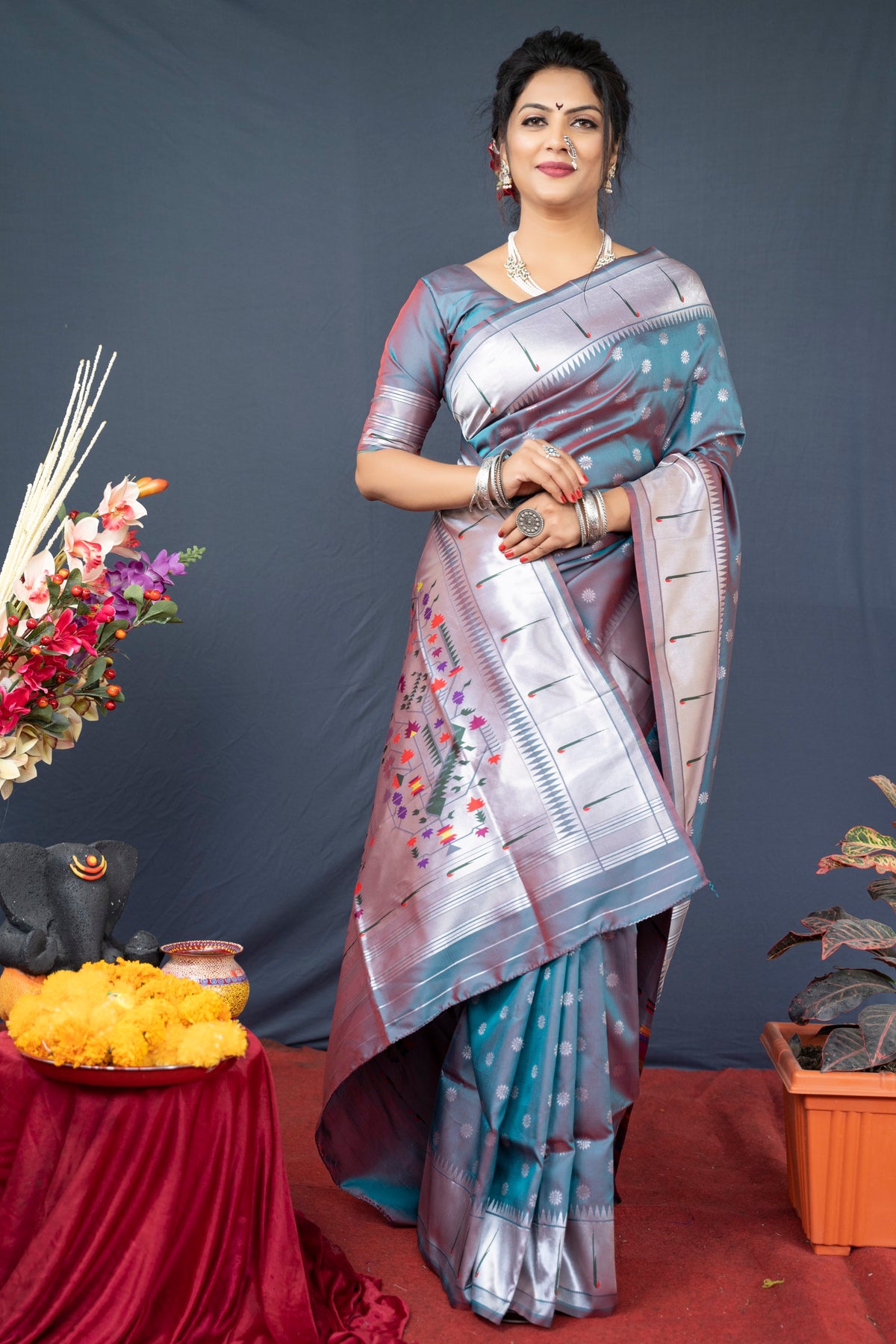 Grey Beautiful Soft Pure Silk Paithani Saree With Zari Weaving