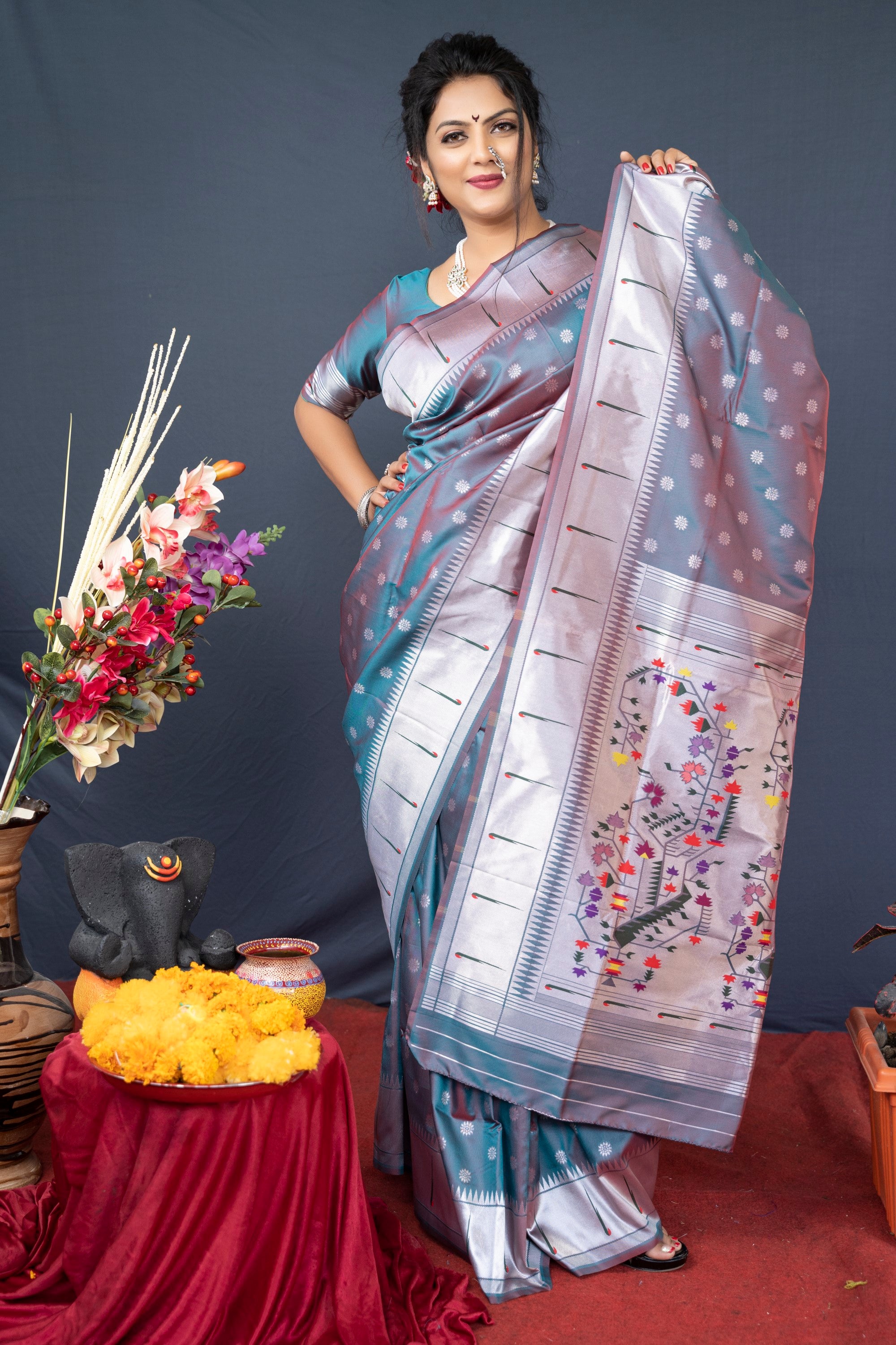 Grey Beautiful Soft Pure Silk Paithani Saree With Zari Weaving