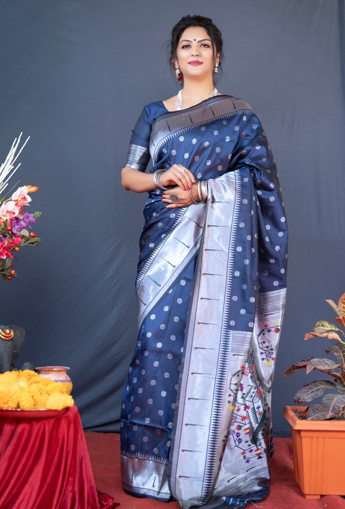 Navy Blue Beautiful Soft Pure Silk Paithani Saree With Zari Weaving