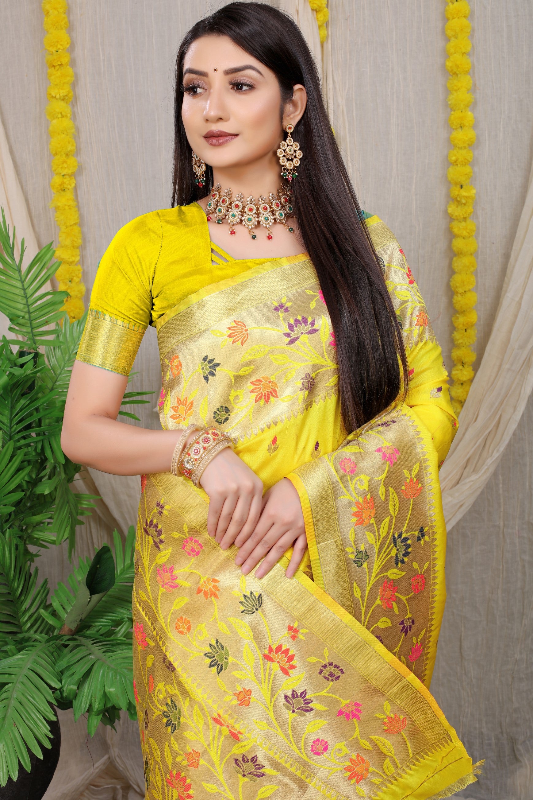 Rajkumari Yellow Pure Silk Banarasi Saree With Gold Jari Weaving