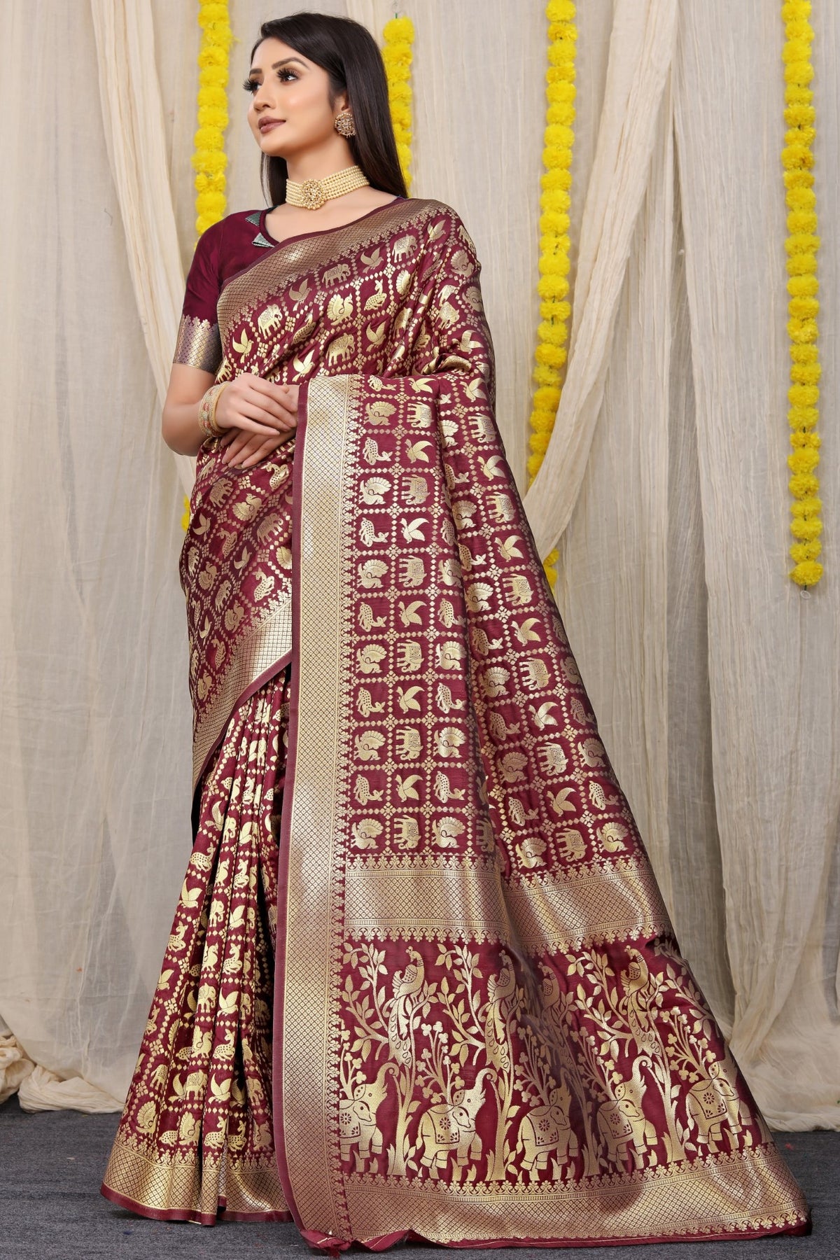 Designer Maroon Patola Pure Silk Saree With Gold Jari Weaving