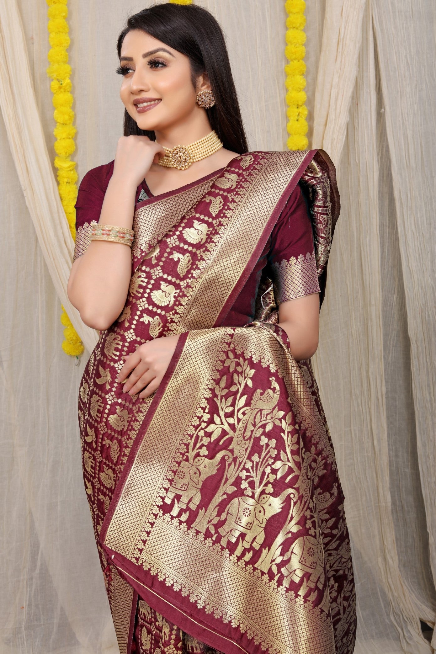 Designer Maroon Patola Pure Silk Saree With Gold Jari Weaving