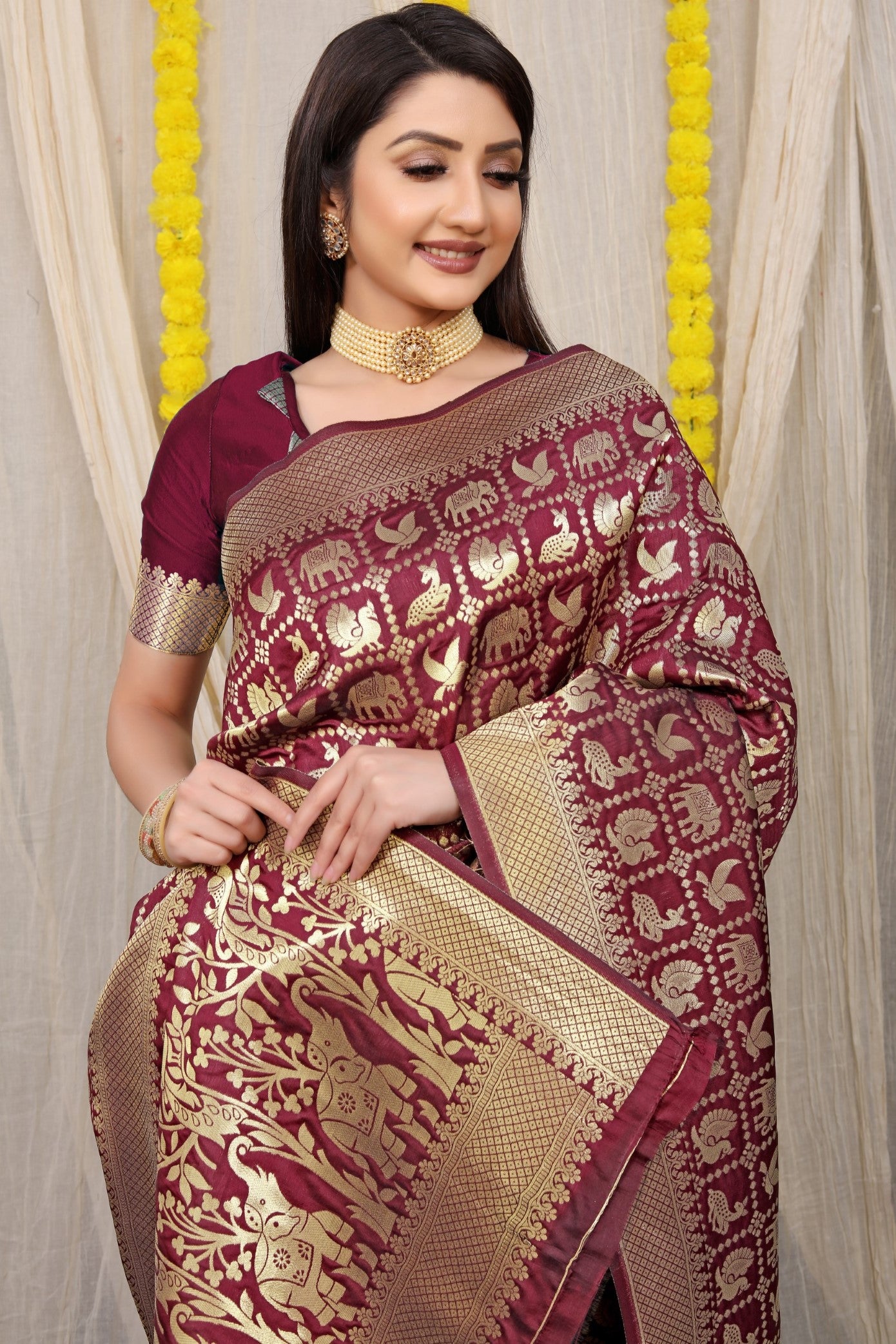 Designer Maroon Patola Pure Silk Saree With Gold Jari Weaving